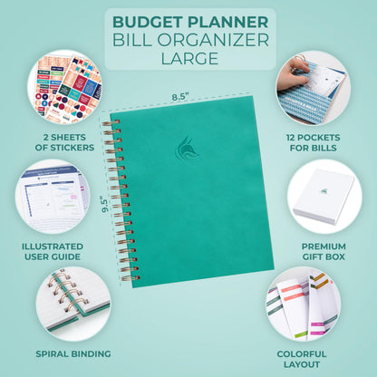 Clever Fox Budget Planner & Monthly Bill Organizer With Pockets. Expense Tracker, Budgeting Journal & Financial Book. Large, 8x9.5" (Turquoise)