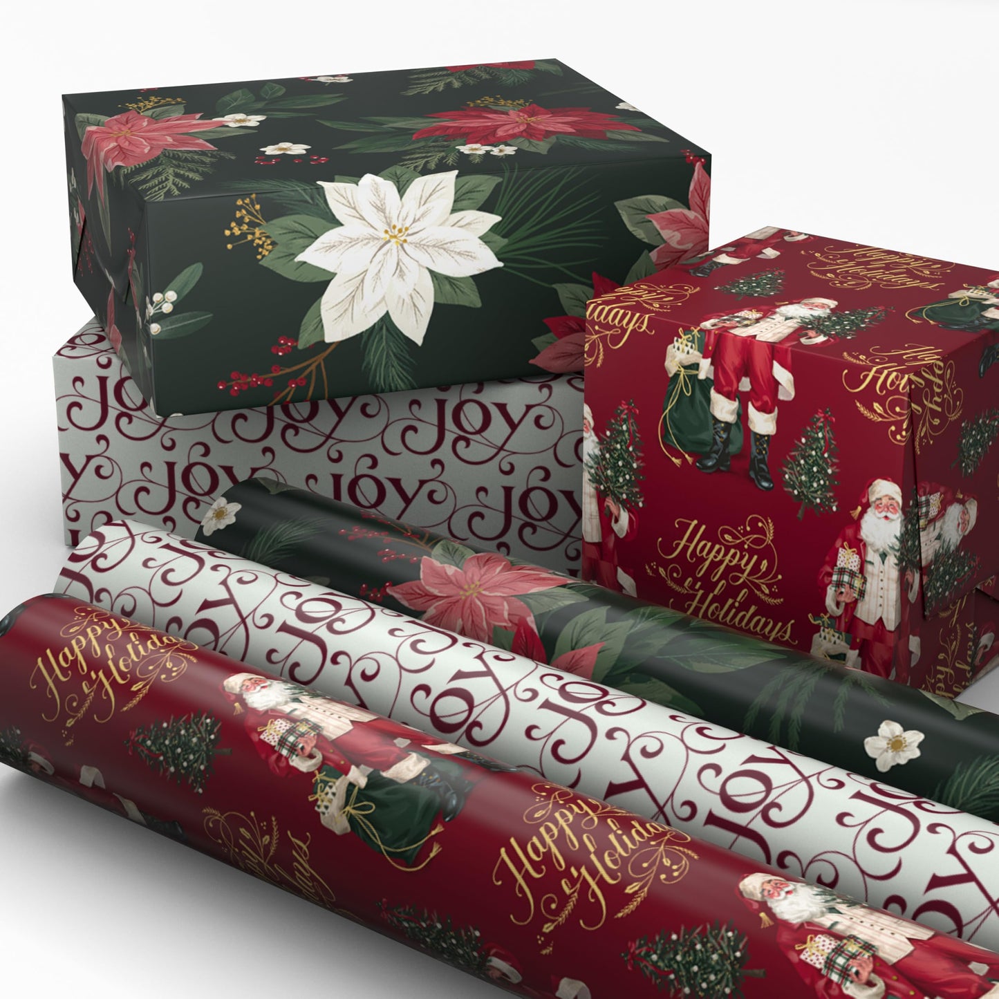 Hallmark Elegant Christmas Wrapping Paper Rolls (3 Rolls: 120 Sq. Ft. Total) Red Joy on White, Santa Claus and Happy Holidays on Red, Painted Poinsettia on Hunter Green