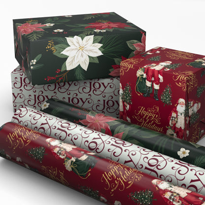Hallmark Elegant Christmas Wrapping Paper Rolls (3 Rolls: 120 Sq. Ft. Total) Red Joy on White, Santa Claus and Happy Holidays on Red, Painted Poinsettia on Hunter Green