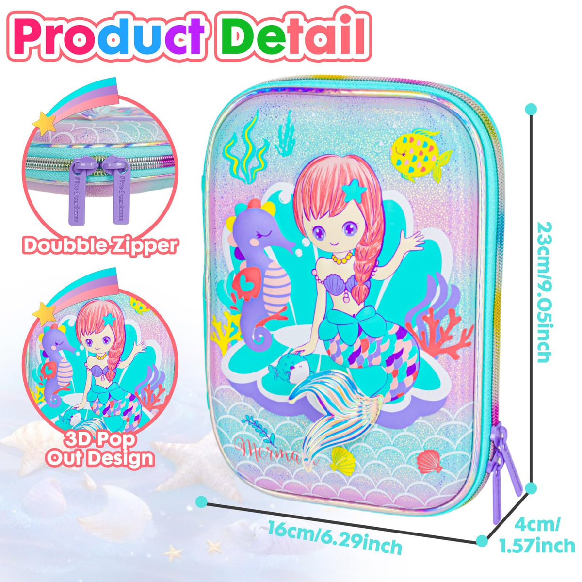 YOYTOO Mermaid Pencil Case Stationery Set for Girls, 3D EVA Big Capacity Cute Pencil Pen Case Bag with Zipper Office College School Storage Bag Pouch Holder Box Organizer