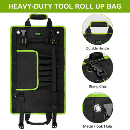 Tool Bag,Large Roll Up Tool Bag Organizer,13 Pockets Tool Roll Storage Pouch,Heavy Duty Portable Tool Storage Carrier Bag for Men,Mechanic,Electrician,Valentines Day Gifts for Men,Black/Green
