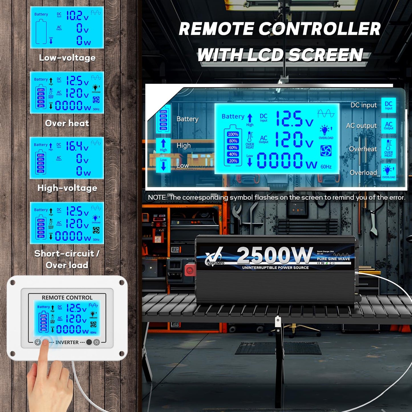 2500 Watt Sump Pump Backup Battery System, Automatic Switching to Battery Inverter Power, Professional Backup System in Case of Power Failure, Pure Sine Wave Output Remote Controller with LCD Screen