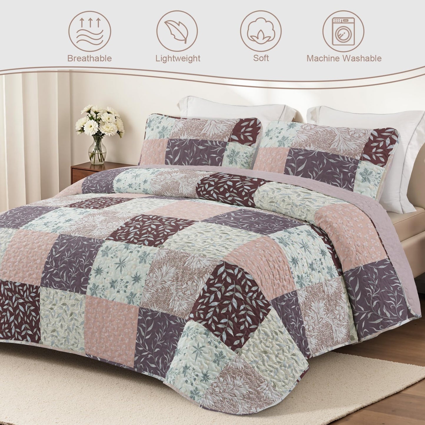 Exclusivo Mezcla Reversible Boho Quilts Queen Size, Brown Soft Bedspreads Lightweight Coverlet All Season Patchwork Quilt Bedding Set with Printed Floral Pattern (1 Quilt, 2 Pillow Shams)