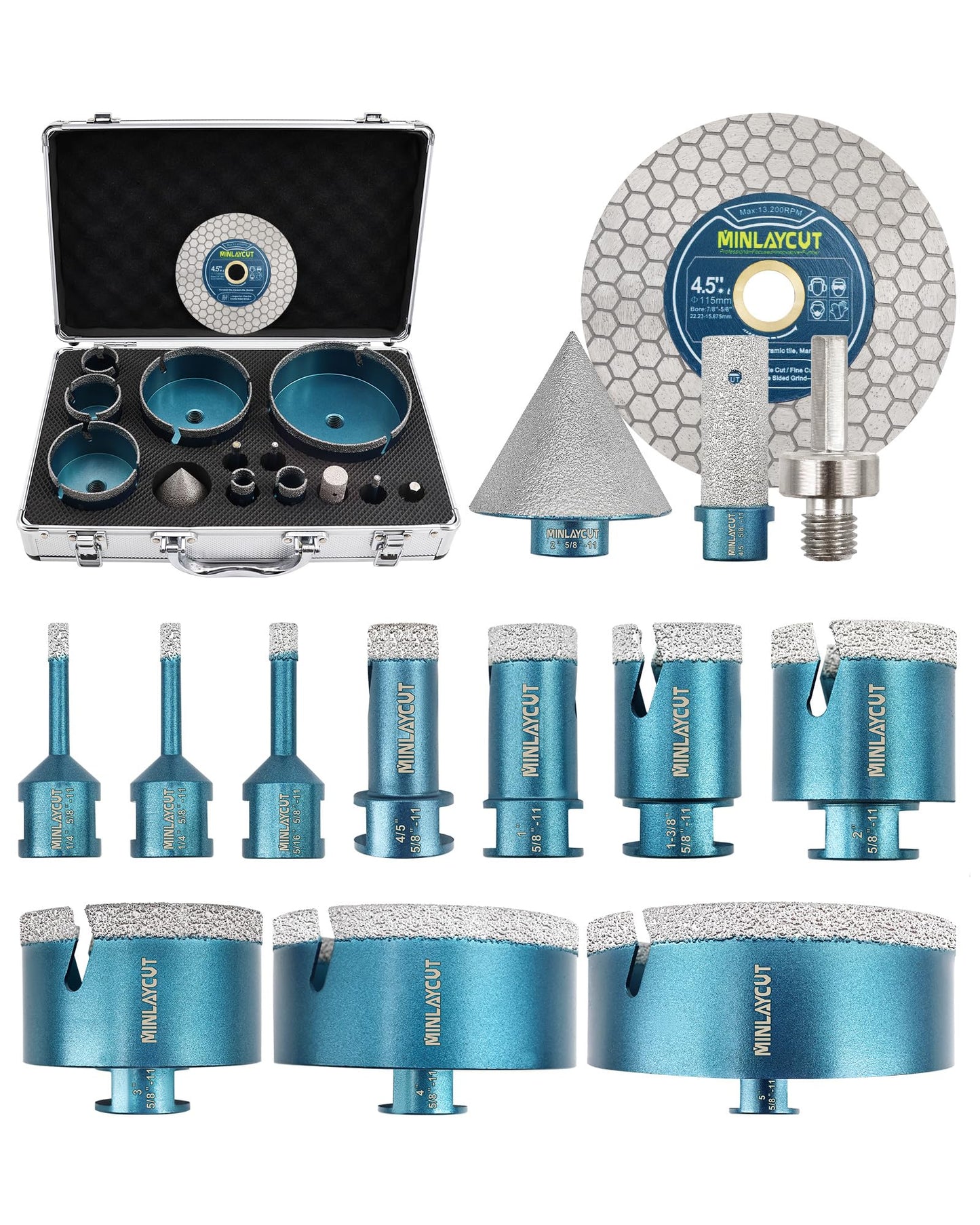 MINLAYCUT Tile Hole Saw Kit Diamond, 14-Piece Diamond Core Drill Bits 6/6/8/20/25/35/50/75/100/125mm+Tile Blade 115mm, Diamond Hole Saw for Porcelain Ceramic Marble Granite,5/8"-11 Thread