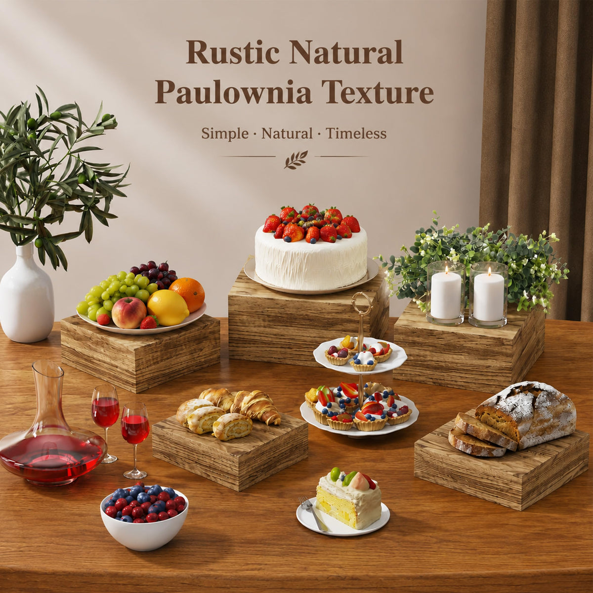 8 Packs Wood Buffet Risers, Multi-Size Food Risers, Square Paulownia Wood Nesting Cubes for Hollow Bottom Food Display, Stands for Buffet Tables & Catering, Party, Multi-Level Buffet Presentation