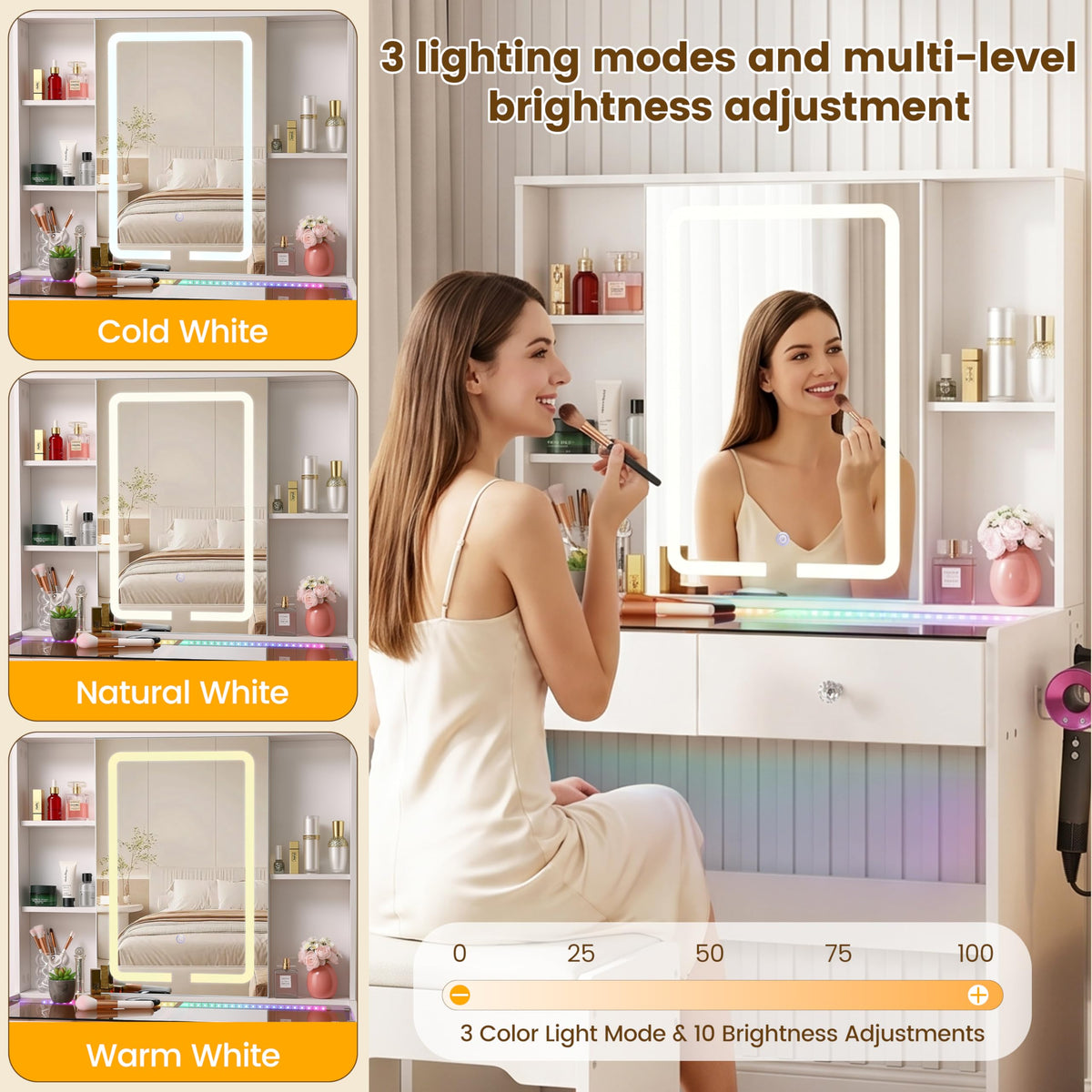 Cielozen Makeup Vanity Desk with LED Mirror & RGB Lights, Glass Top Vanity Table for Women, Adjustable Brightness & 3 Color Modes, 2 Drawers Storage, White Modern Bedroom Vanity Set
