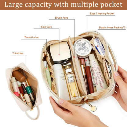 KKXIU Initial Makeup Bag for Women - Personalized Makeup Bag Gifts for Women, Travel Toiletry Bag with PU Leather, Open Flat Design with Top Handle, Cosmetic Bag Set with Multi-Pocket (Beige,A)