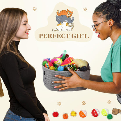 Zopeal 58 Pcs Mother’s Day Cat Storage Basket Gift Toys Set, Colorful Flashing Balls Pet Bell Crinkle Balls Spring Toys Attract Cat to Swat, Hunt, Interactive for Pet(Grey,9.8 Inch)