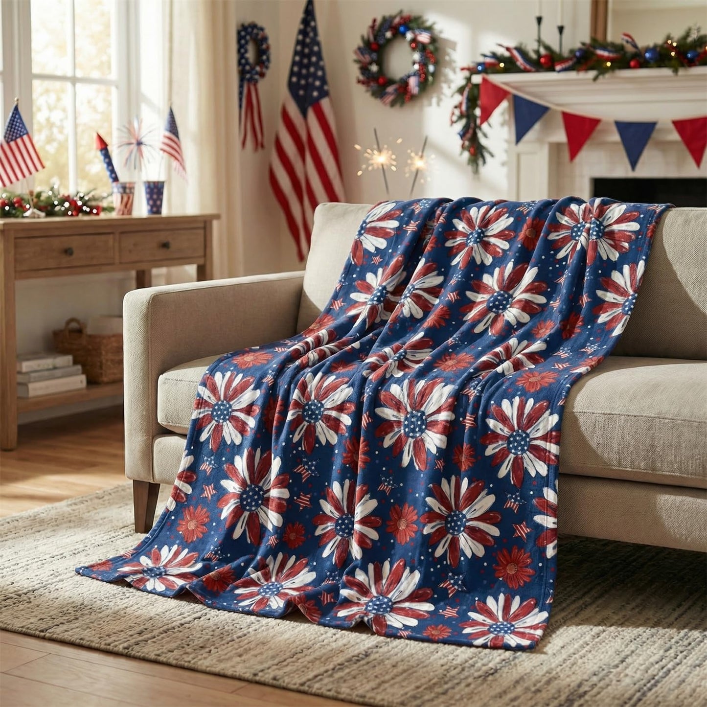 Horaldaily 4th of July Flannel Blanket Throw, Patriotic Memorial Day Print Flowers Independence Day Soft Fuzzy Plush Cozy Fleece Blankets for Couch Sofa Bed Decor, Ideal Gifts for Kids Adults 50x60