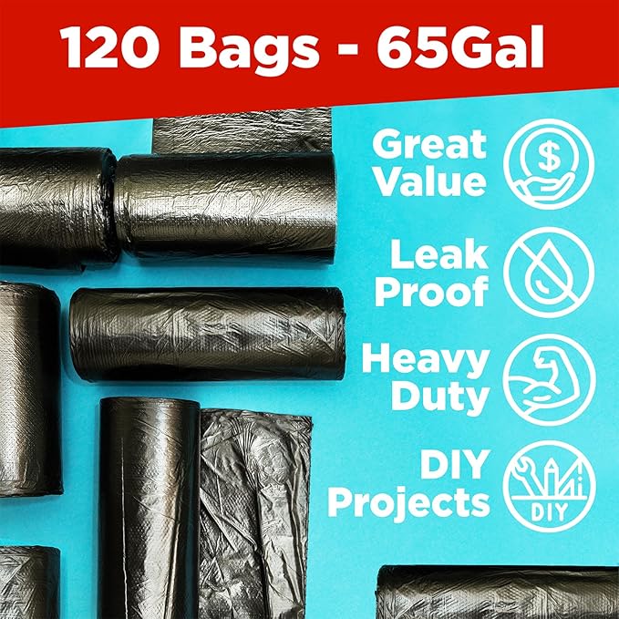 ToughBag 65 Gallon Trash Bags – 50x48" Large Black Garbage Can Liners – Made in