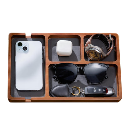 Shinpuru Wooden Valet Tray for Men, Nightstand Organizer with Leather Inlay, EDC Essentials Catchall Tray for Keys, Phone, Wallet, Watch, Earbuds - Bedside Desk Entryway Tray (Wood)