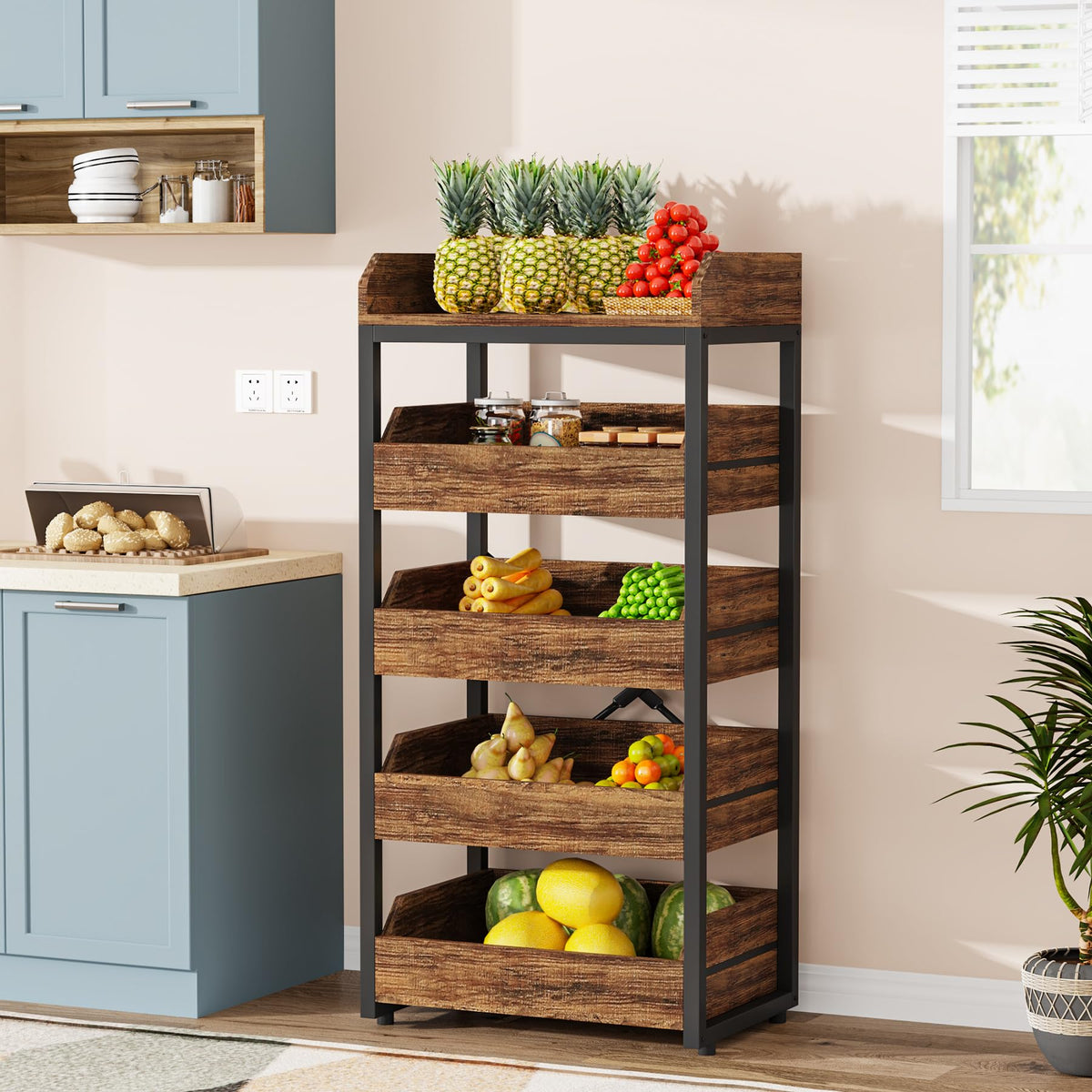Tribesigns Wood Fruit and Vegetable Storage Rack, 5-Tier Pull-Out Snack Stand Fruit Basket Stand, Utility Shelf Organizer for Kitchen, Living Room, Bedroom, Rustic Brown