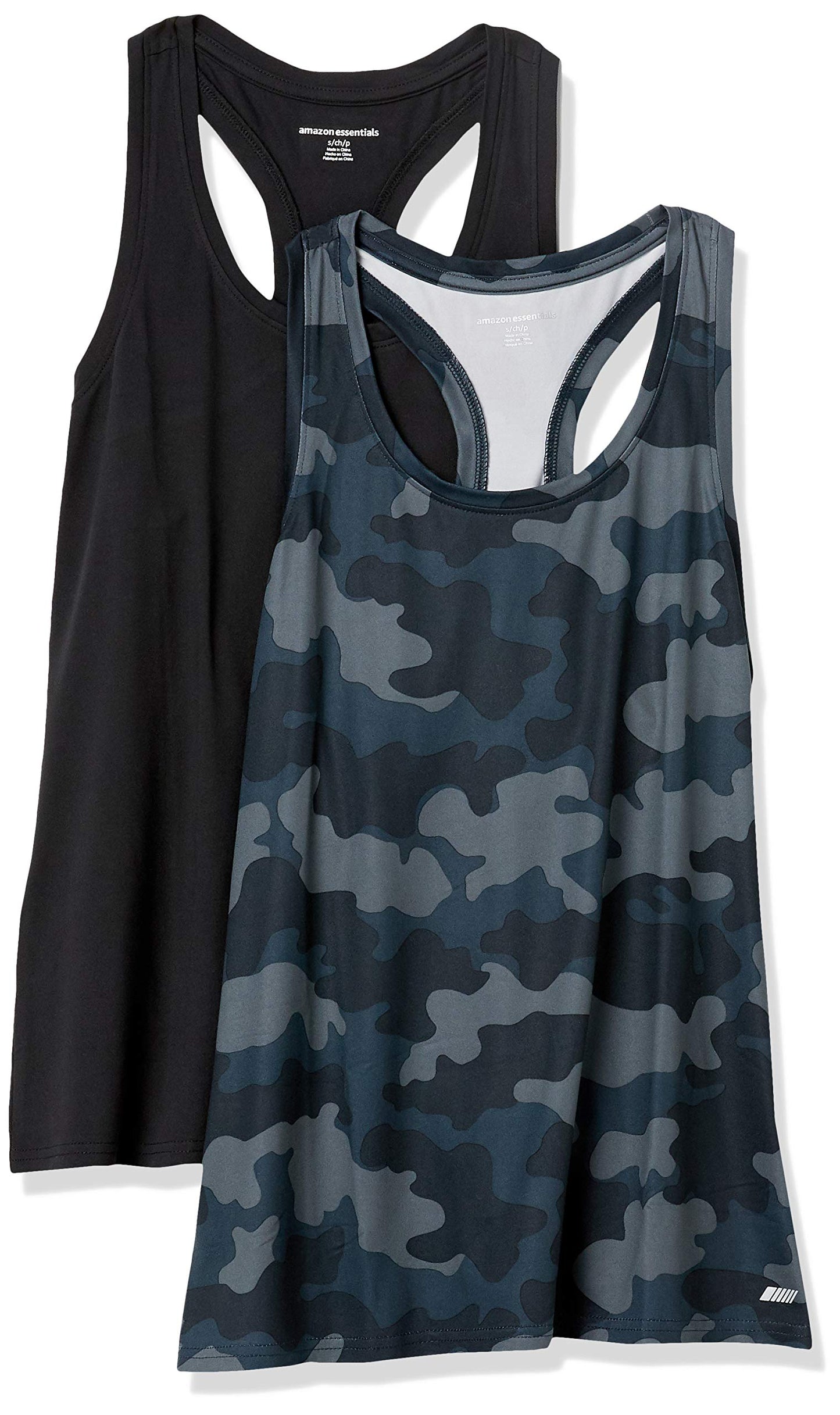 Amazon Essentials Women's Active Quick Dry Tech Stretch Racerback Tank Top (Available in Plus Size), Pack of 2, Black/Grey Camo, Large