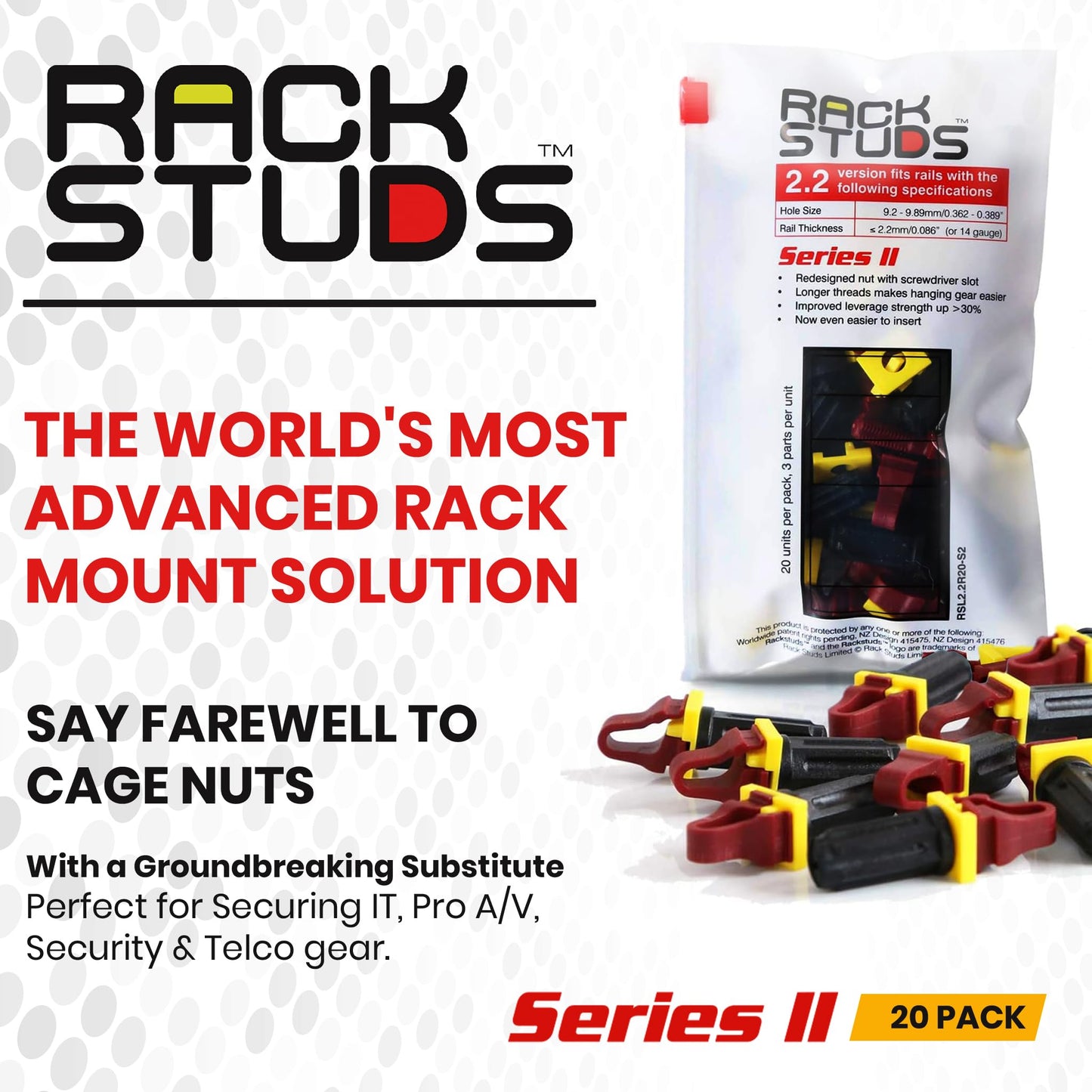 Rackstuds R20 Series II Rack Mount Screws - Server Rack Screws and Cage Nuts Replacement for Server Rack Rails 19" Square Punched Vertical Rail, Without Using Cage Nut tool - Red 2.22mm/0.086 20 Pack
