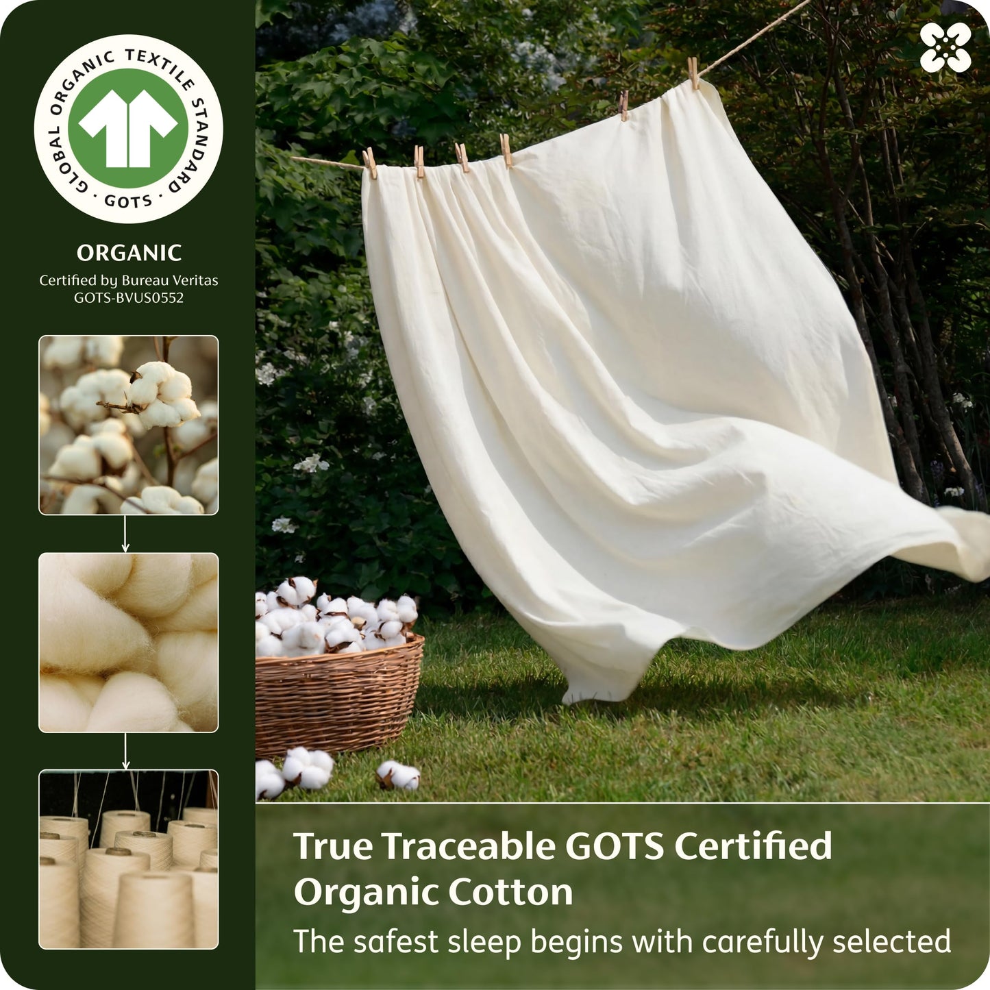 Bedsure 100% GOTS Certified Organic Cotton Sheets, King Size Sheets Set, 17" Deep Pocket Bedsheets with Corner Straps, Eco-Friendly, Soft, Breathable & Luxury PureWoven Cotton Hotel Bedding, Ivory