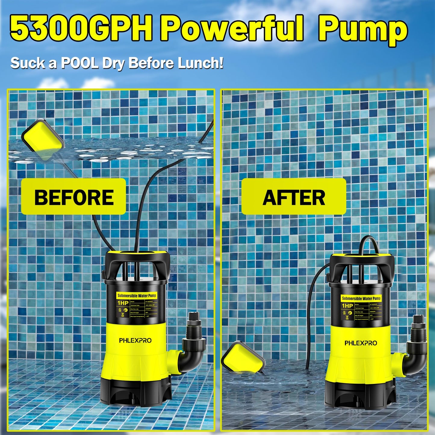 Submersible Water Pump 1HP 5300GPH High Flow Clean/Dirty Water Transfer Pump with Automatic Float Switch,26FT Long Cord,Sump Pump for Pool, Pond,Garden, Flooded Cellar, Aquarium and Irrigation