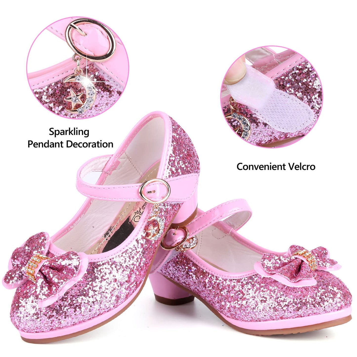 KUWIBY Girl Sandals Glitter Princess Shoes Sequin Party Shoes Bling Bowknot High Heels Wedding Birthday Dress Comfort Bright Diamond Cosplay Dance for Little Girls Christmas Pink
