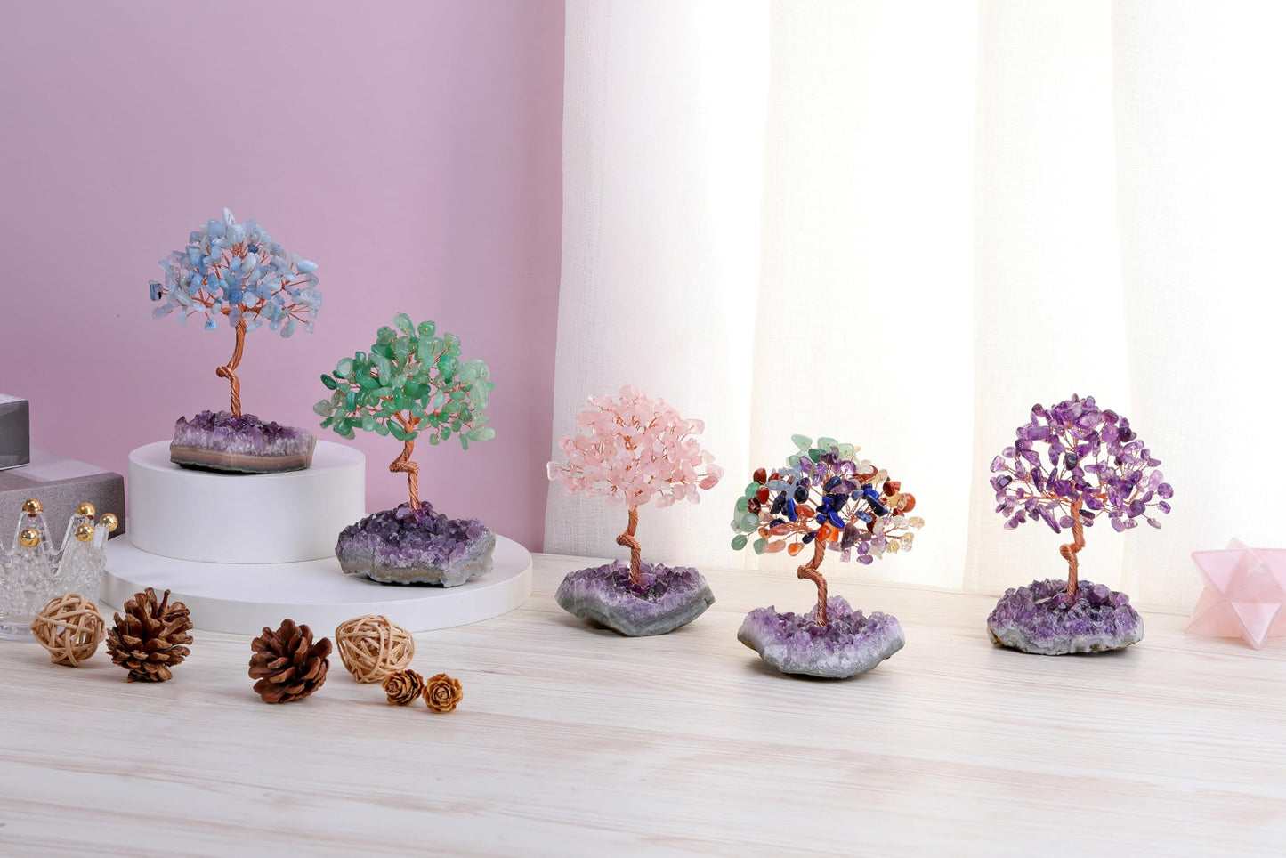 Jovivi Amethyst Crystal Tree of Life,Amethyst Cluster Base Money Tree Bonsai Decorations,Crystal Tree for Positive Energy,Handmade Gemstone Tree,Purple Room Office Desk Feng Shui Tree Decor
