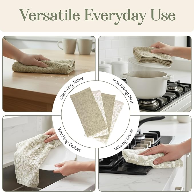 MosJos 4 Pack Hand Towels, Cotton Sage Green and White Floral Kitchen Towel