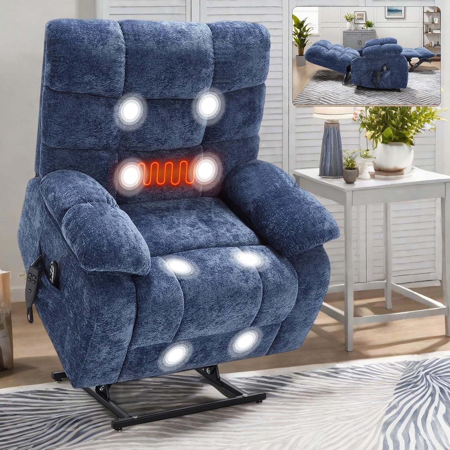 KEIKI Oversized Dual Motor Power Lift Recliner Chair for Elderly, Chenille Upholstery Breathable Rocking Chair with Back Massager and Heated, Relaxation Corner in Living Room Space, Brown