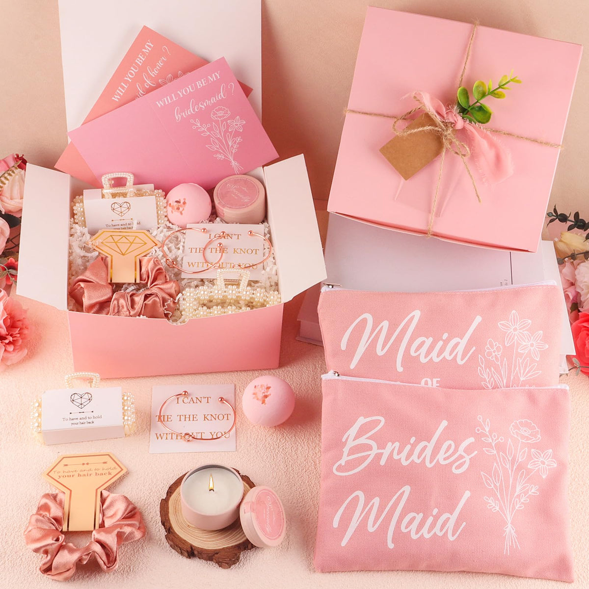 37pcs Bridesmaid Gifts Set Of 3 Pink，Maid of Honor Proposal Box Gift,Scented Candle Salt Ball Makeup Bag Rectangular Hair Clip Bridesmaids Scrunchies Knot Bracelet Bridal Shower Wedding Party