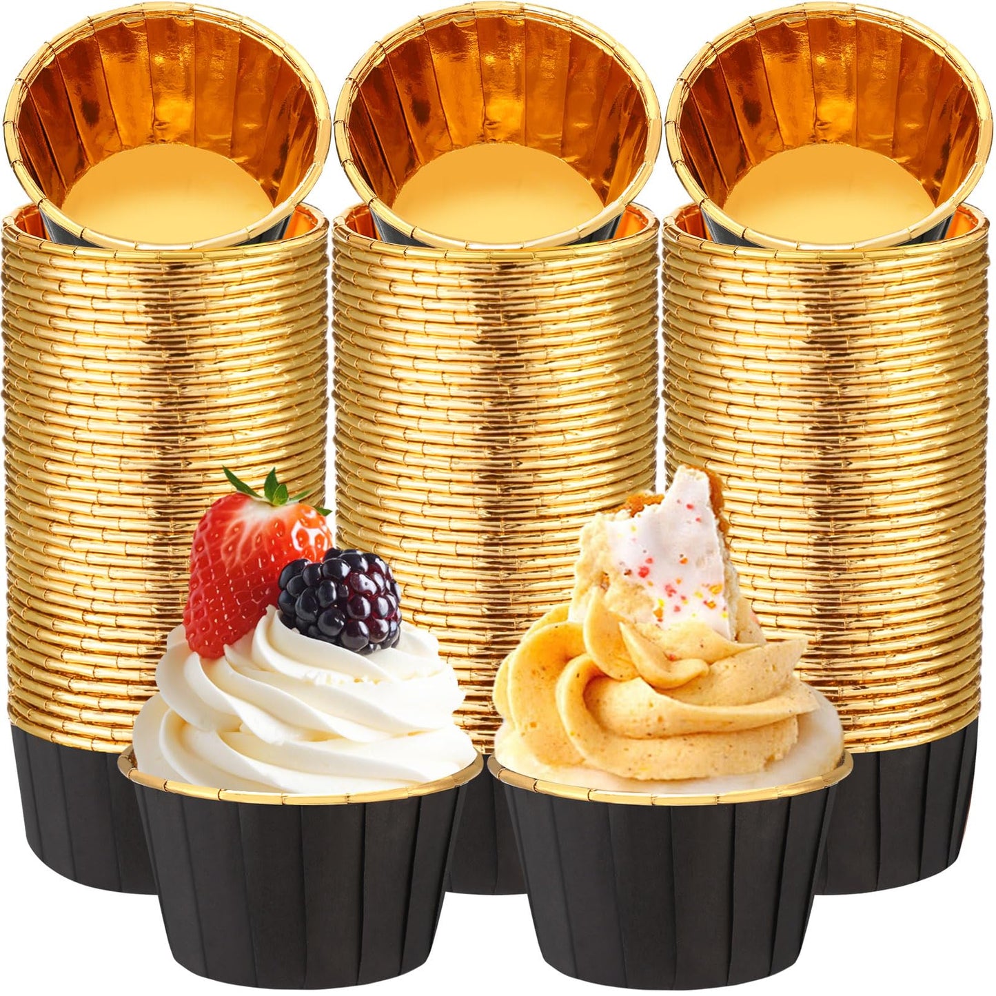 Gandeer 300 Pack Black Gold Cupcake Liners Bulk Disposable Foil Muffin Cups 3.5 oz Wrappers for Baking Aluminum Paper Mini Metallic Disposable Holiday Party Wedding Festival Supply