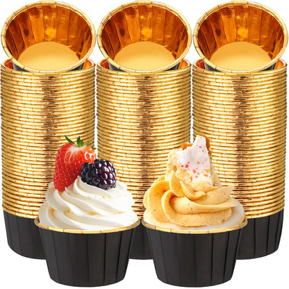 Gandeer 300 Pack Black Gold Cupcake Liners Bulk Disposable Foil Muffin Cups 3.5 oz Wrappers for Baking Aluminum Paper Mini Metallic Disposable Holiday Party Wedding Festival Supply