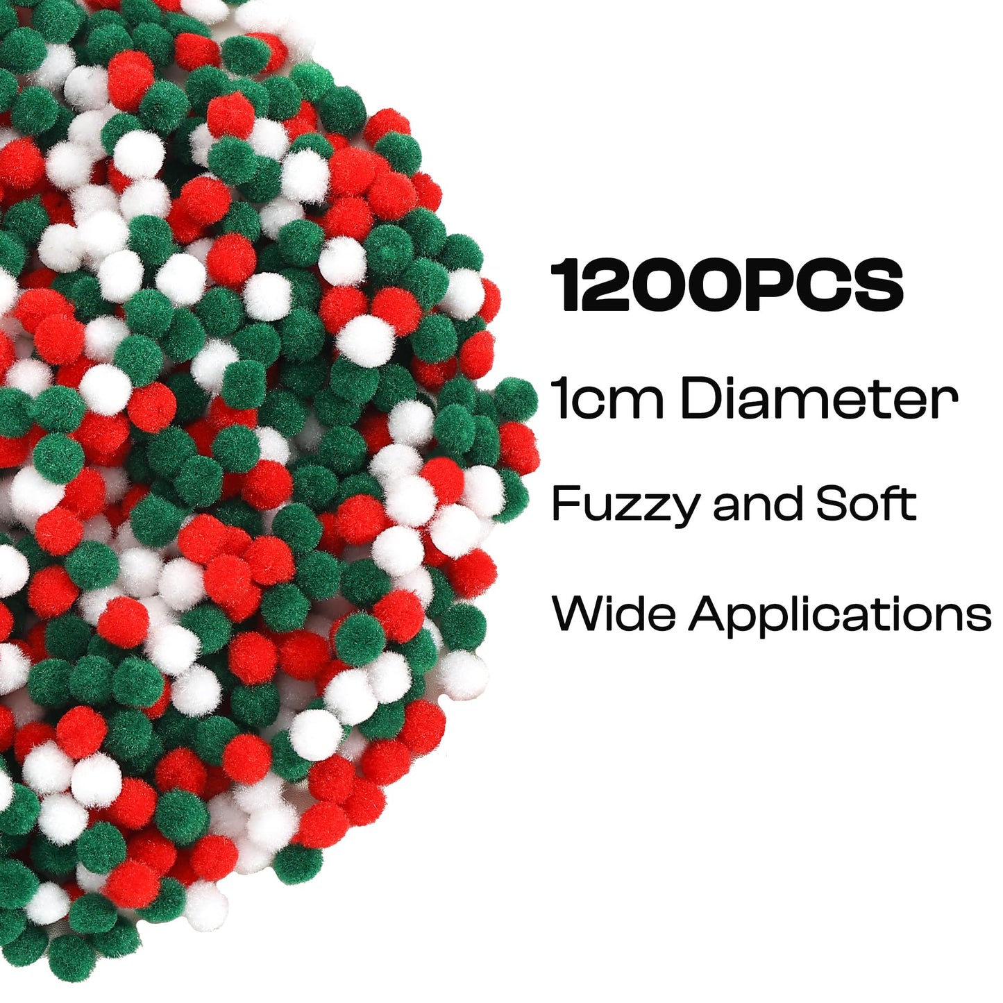 Caydo 1200 Pieces 1cm Christmas Pom Poms, Small Pompom Balls for Kids Creative Arts & Crafts Projects Making and DIY Decorations( Red, Green, White)
