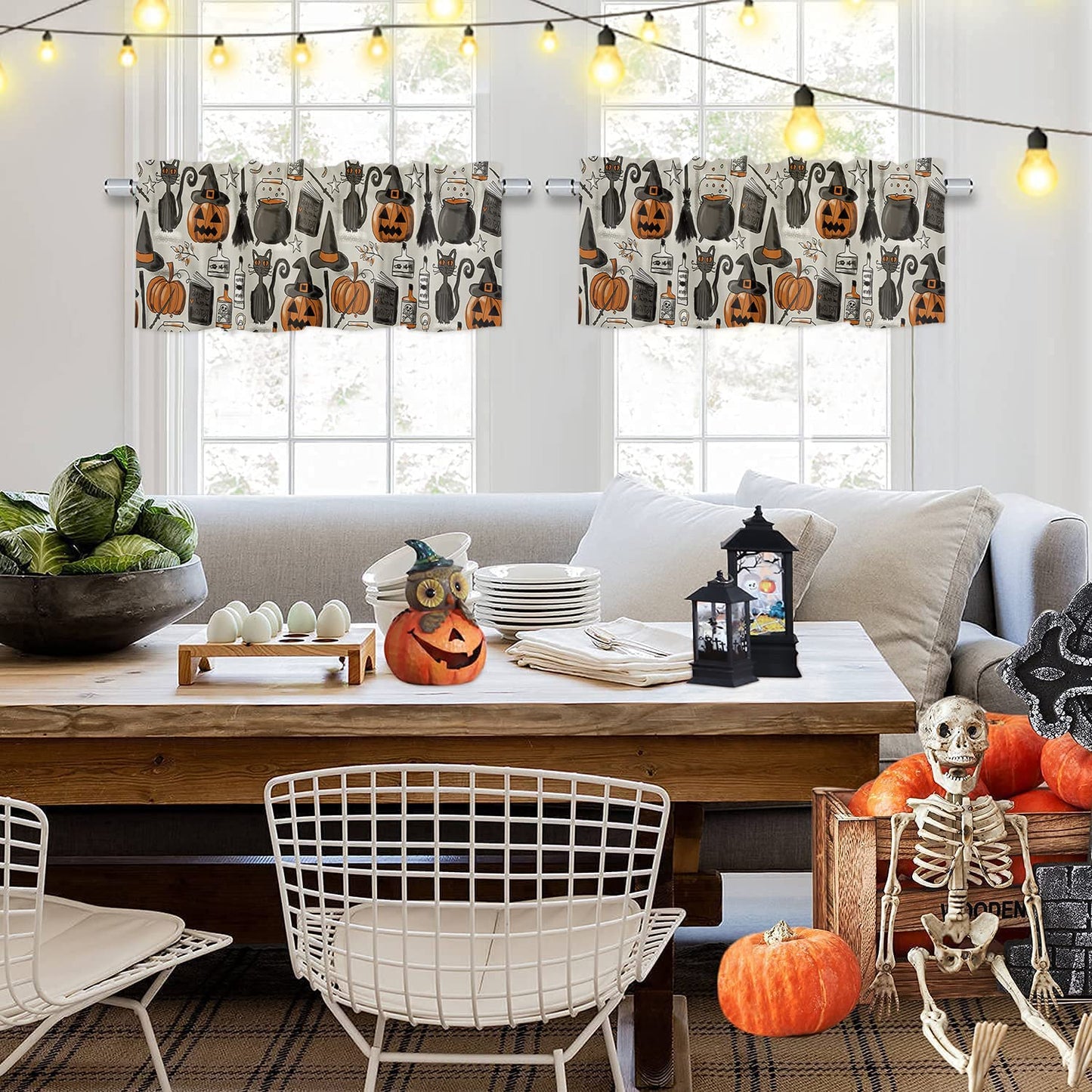 ALAGEO Halloween Valances Windows Curtain Pumpkin with Witch Hat Kitchen Valances Rod Pocket Black Cat Retro Style Short Topper Curtains for Kitchen Bathroom Living Room 1 Panel,54 by 18 inches