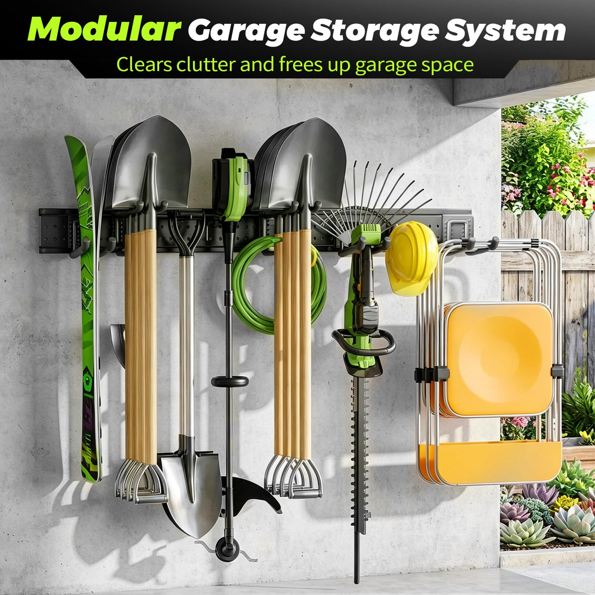 HOLDRAIS Garage Tool Organizer Wall Mount, 49.5 Inch Heavy Duty Garage Organization System with 10 Adjustable Hooks, Garden Tool Storage Rack for Garage, Yard & Shed, Holds Up to 400 lbs