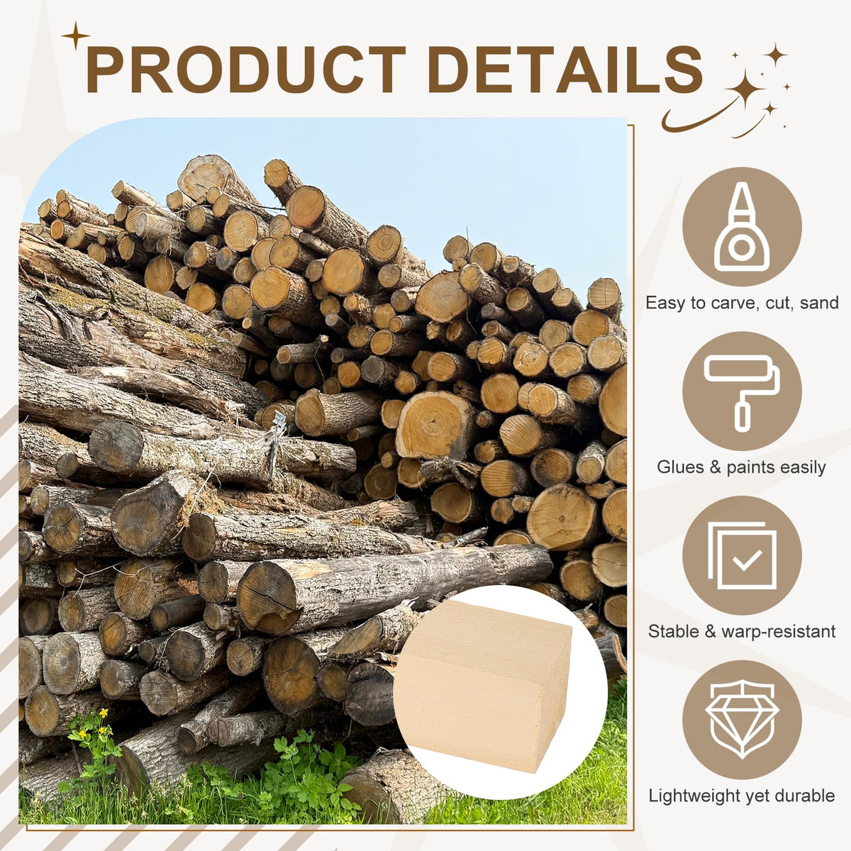 MECCANIXITY 6Pcs Basswood Sticks, 1.2" x 1.2" x 4" Square Wooden Dowel Rods Strips Craft Natural Wood Trim Slats Lumber for DIY Painting Decoration Model Projects Whittling Hand Carved