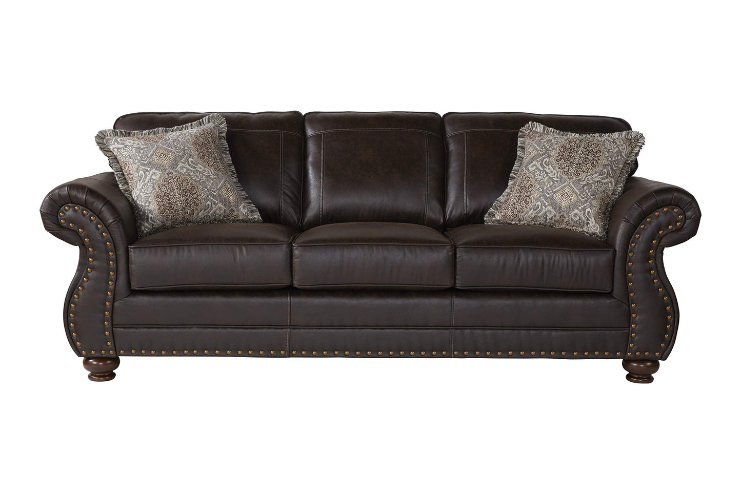 Leinster Faux Leather Sofa with Antique Bronze Nailheads in Espresso