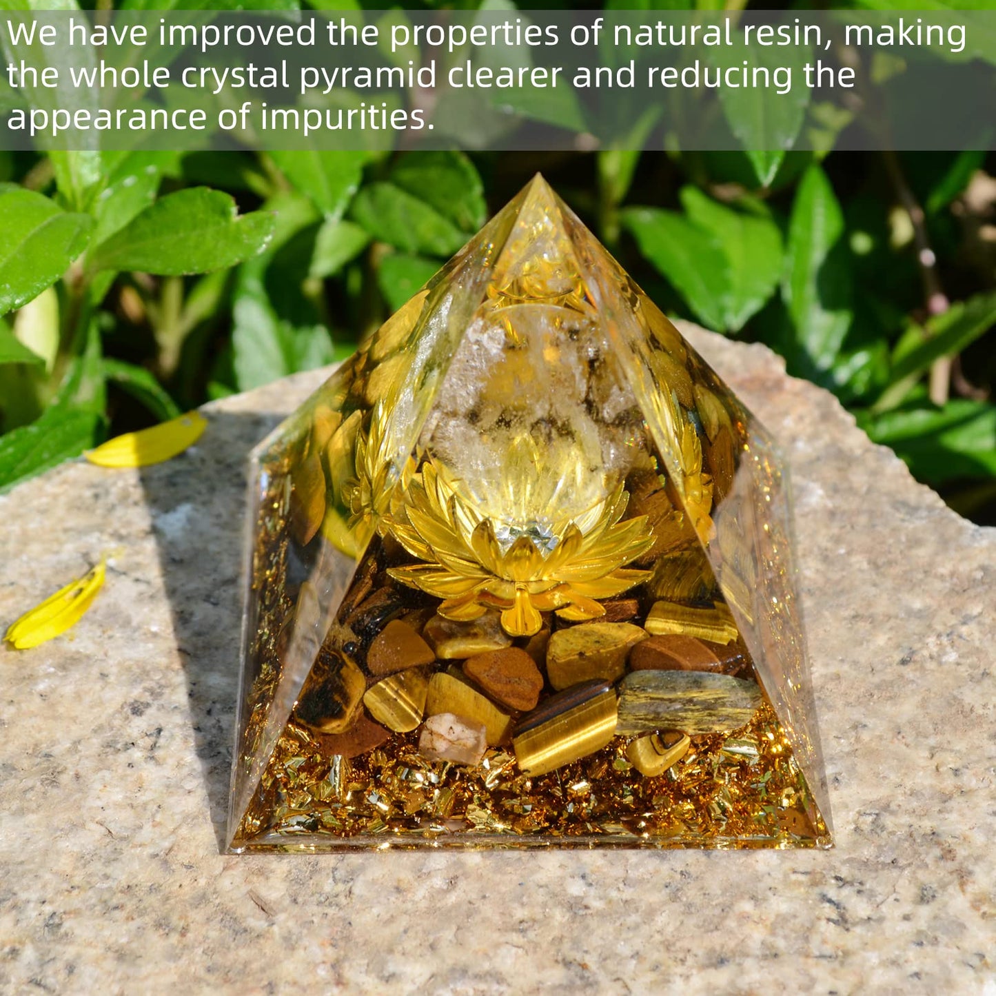 Hopeseed Orgone Pyramid Flower of Life Orgonite Money Healing Crystals Pyramid for Positive Energy with Tiger's Eye Stones and Luck White Crystal that Promotes Wealth, Prosperity and attracts Success