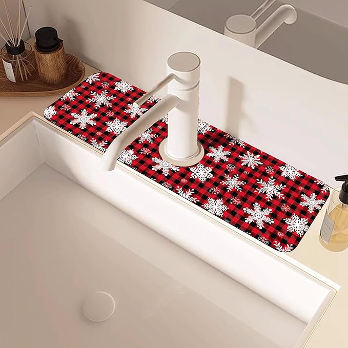 Christmas Snowflake Kitchen Sink Splash Guard Mat Buffalo Plaid Absorbent Fast
