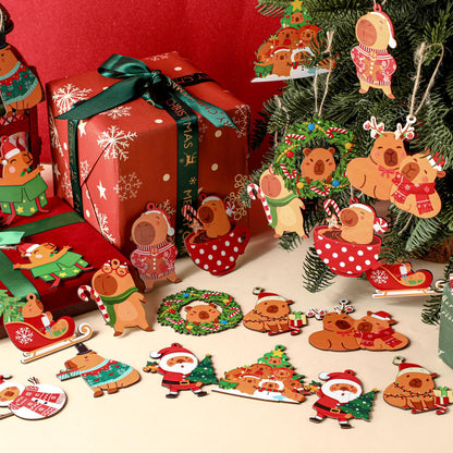 AceOrbit 24 Pcs Christmas Tree Ornaments Capybara Christmas Tree Decorations Capy Xmas Wooded Hanging Xmas Decorations for Stocking Stuffers Capybara Gifts Holiday Halloween Party Supplies
