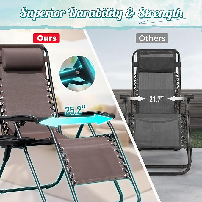 Homall Zero Gravity Patio Folding Lawn Chairs Outdoor Gravity Camp Reclining Lounge Chair with Pillows for Poolside Backyard and Beach Set of 2 (Brown)