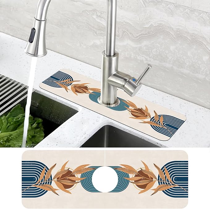 Abstract Blue Minimalistic Sink Faucet Absorbing Mat Sink Splash Guard Faucet