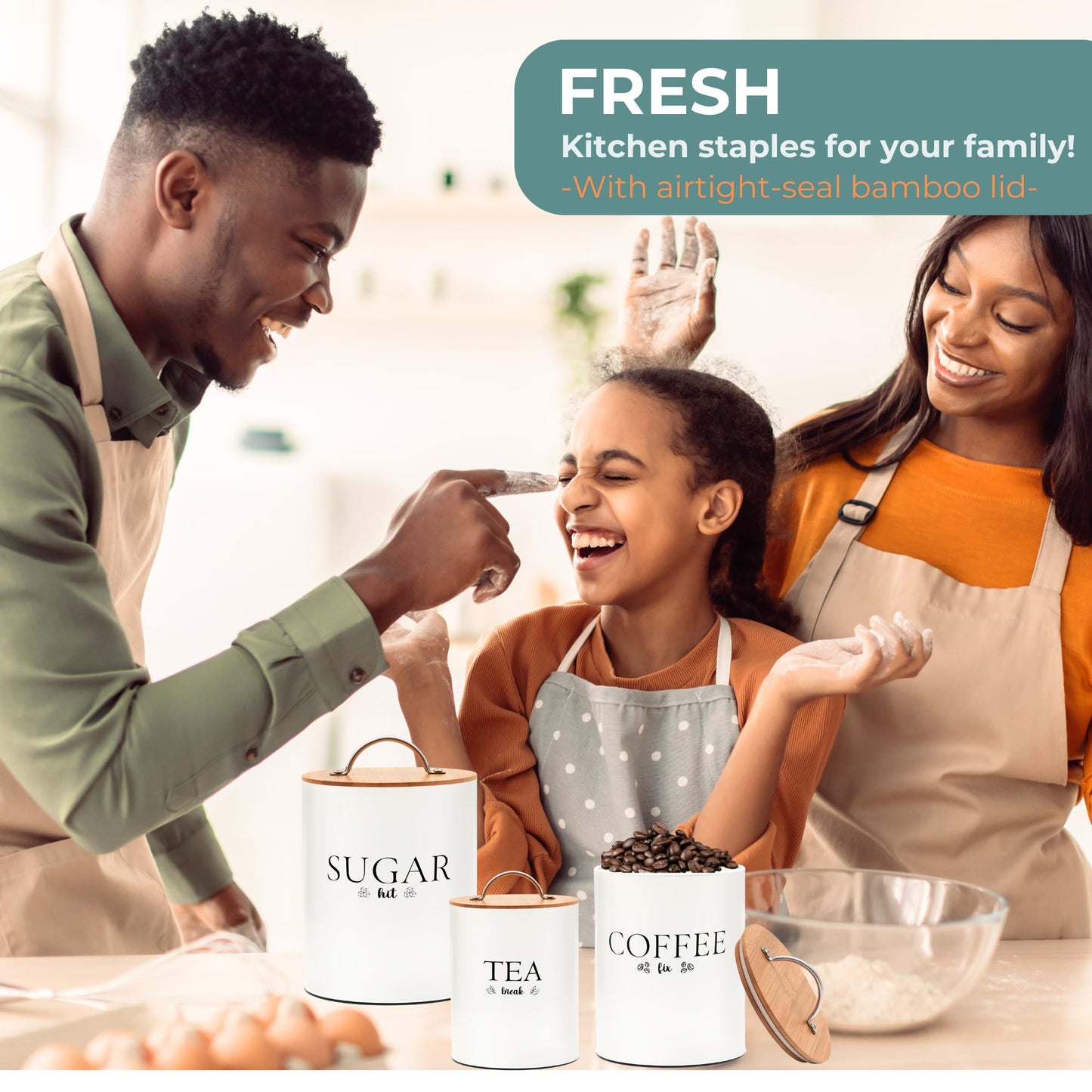 D'Lifeful Tea Coffee Sugar Canister Set - 3pc Airtight Canister Sets for Kitchen Counter - Farmhouse Containers for the Kitchen - Decorative Countertop storage with Airtight Lid for Freshness - White