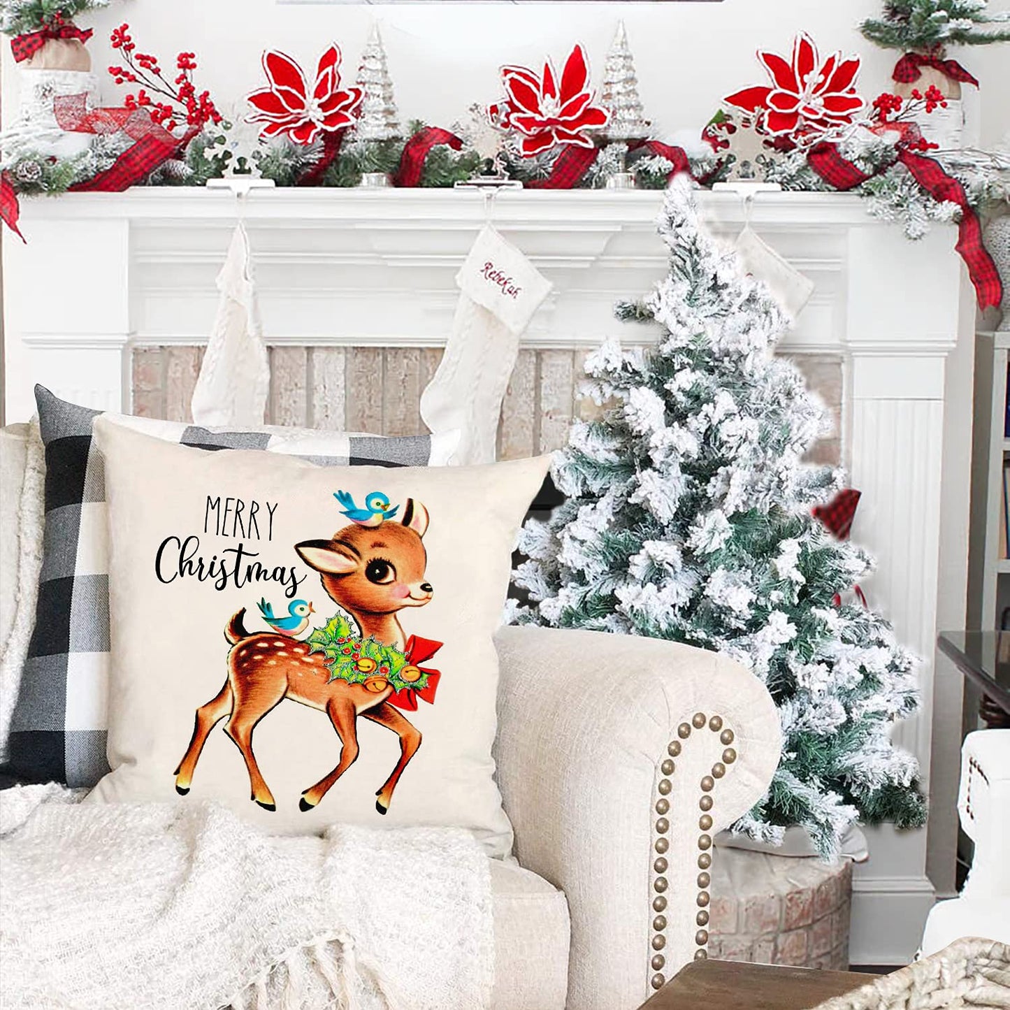 KACOPOL Christmas Decorations Pillow Covers 18×18 Set of 4 Snowflake Santa Snowman Deer Bird Candy Cane Xmas Rustic Winter Holiday Throw Pillows Farmhouse Christmas Decor Cushion Cases (18"x18")