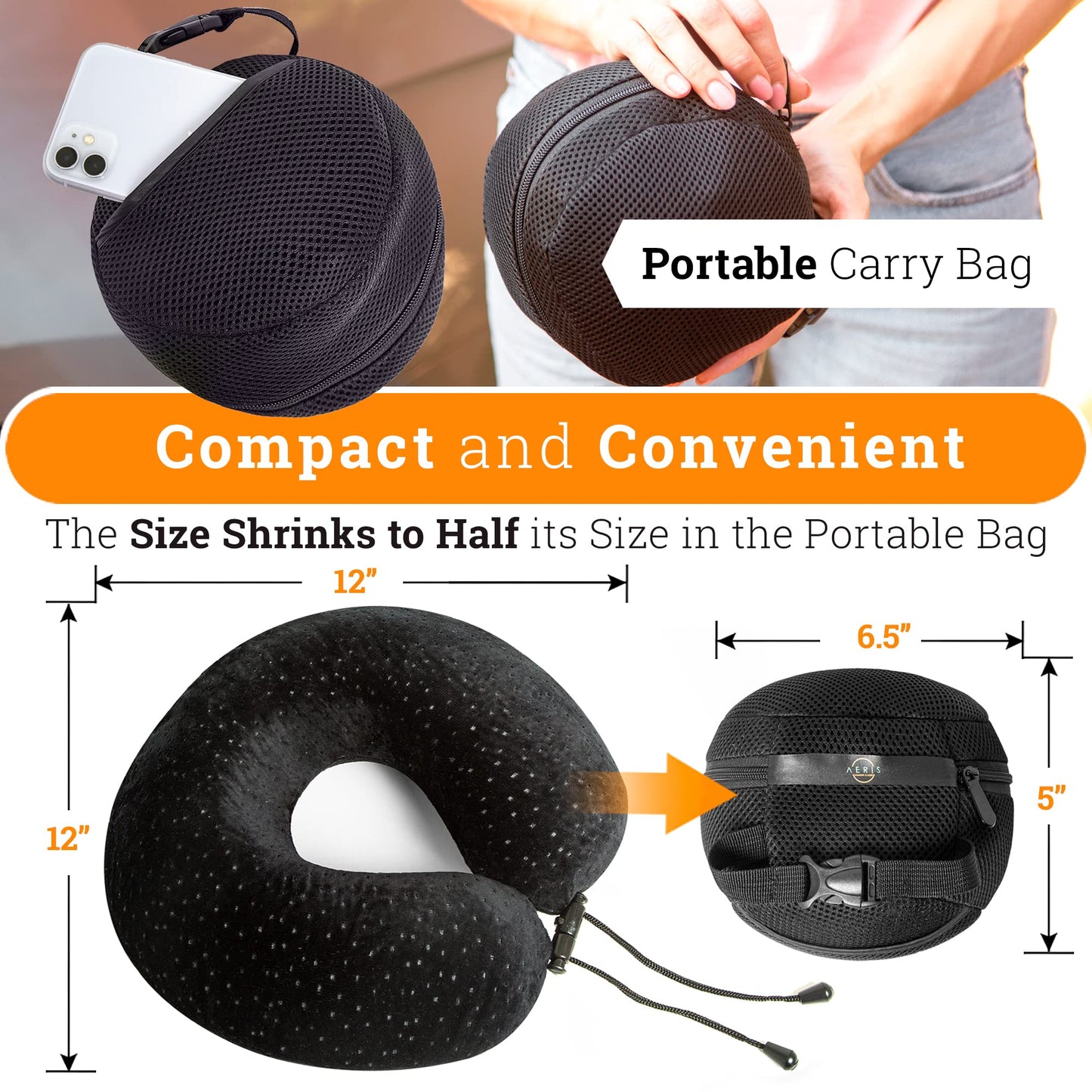Aeris Memory Foam Travel Neck Pillow with Sleep Mask, Earplugs, Carry Bag, Adjustable Toggles and Velour Cover, Black