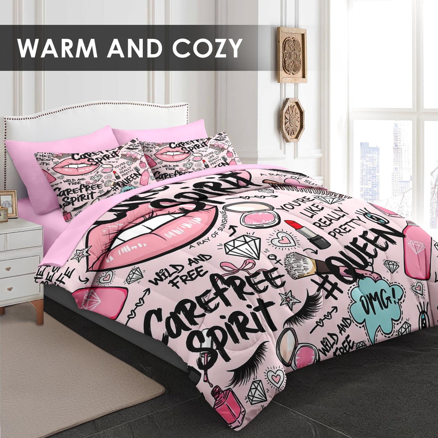 Pamnest Comforter Set King Size, Makeup Pink Queen 7 Pcs Bedding for Kids and Adults, Women Diamond Cute Bed Sheet Sets with Fitted Sheet 2 Pillowcases & 2 Shams for Bedroom Bed Decor