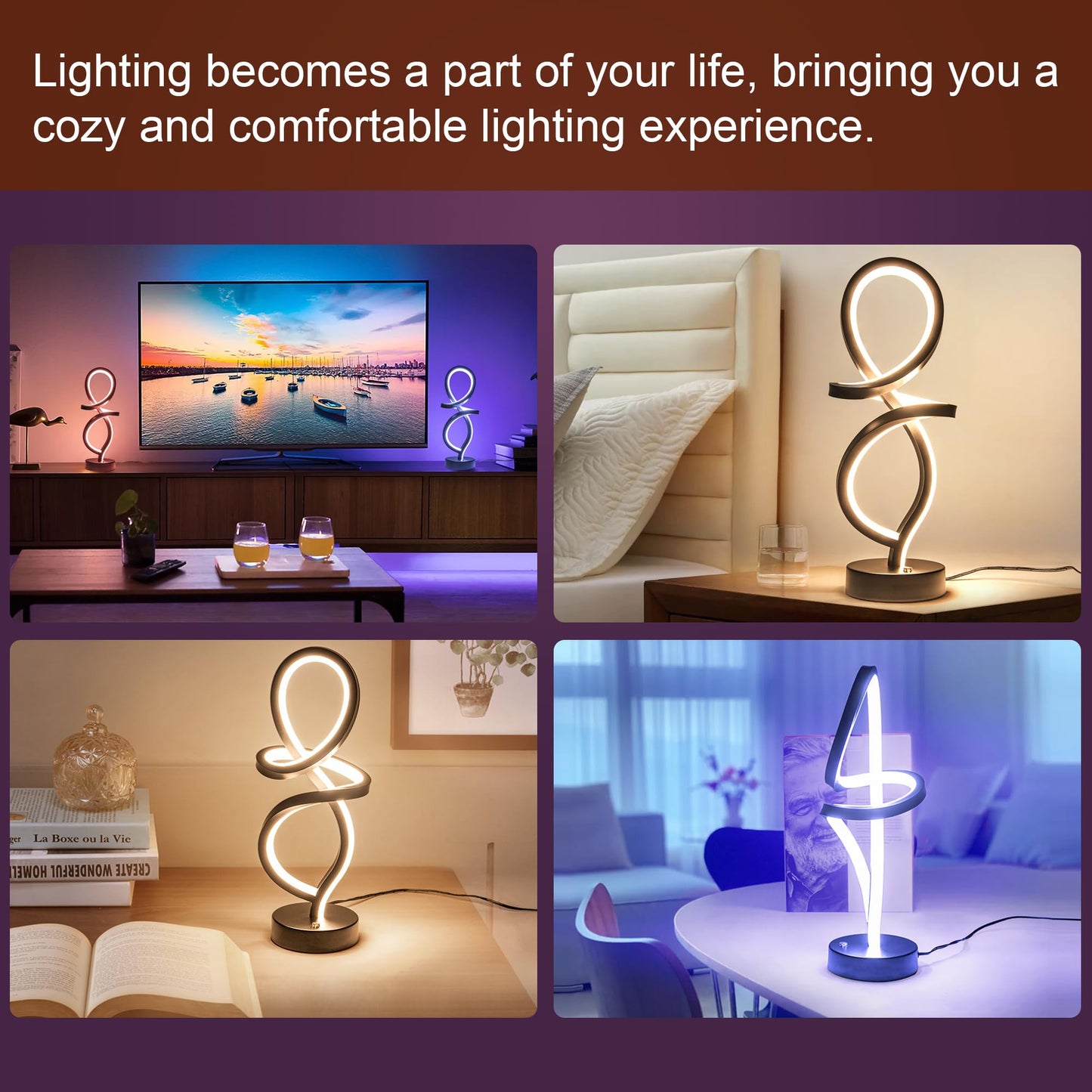 Mayful RGB Modern Table Lamp with 15W LED Spiral Spiral Design, Black Nightstand Lamp & Small Bedside Lamp, Touch Dimmable with 7 Colors & 10 Modes for Bedroom, Living Room, Office