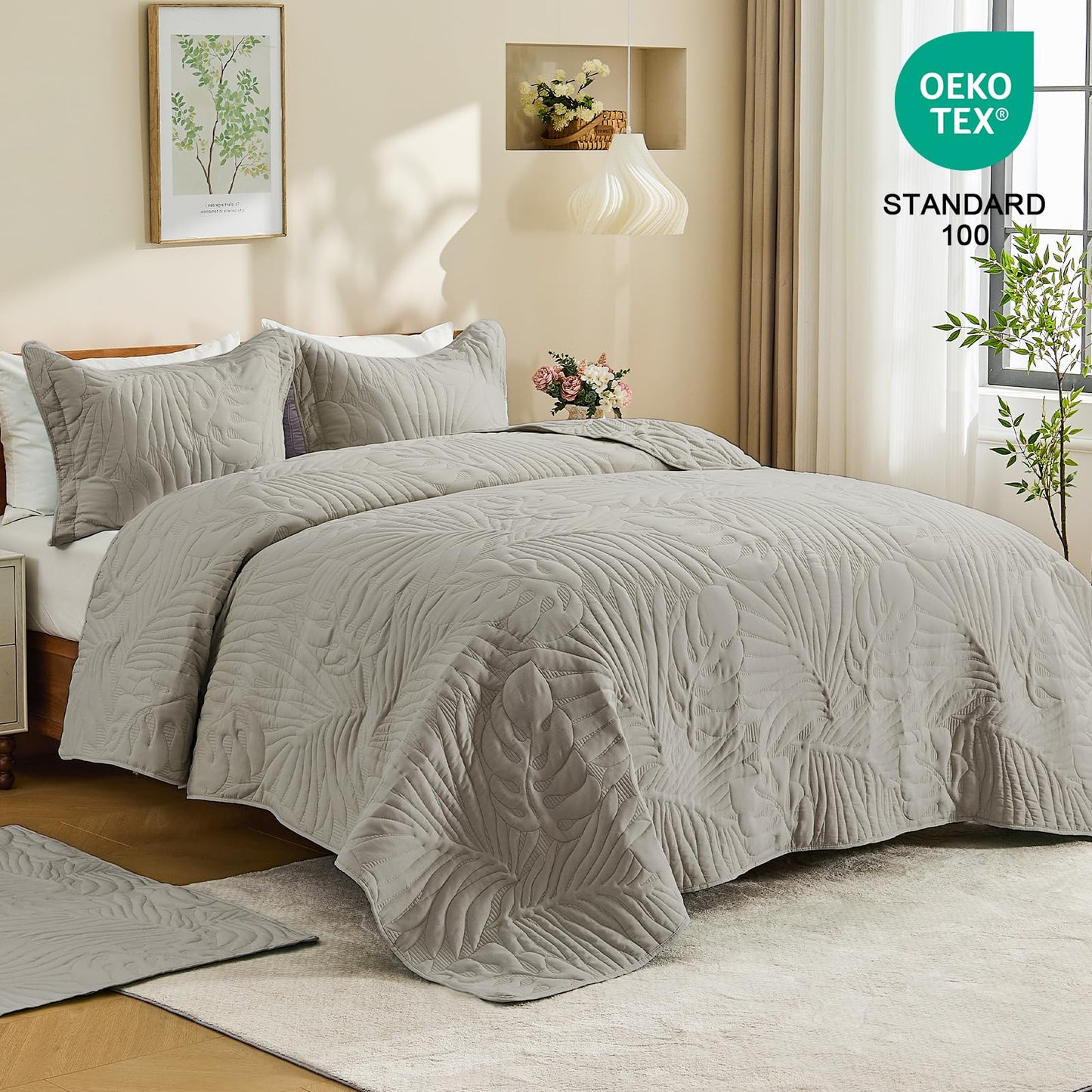 DaisyHuang Quilt Set Queen Size -Leaves Pattern Stitching Quilt Set - Elegant & Fresh Style Bedding Coverlets, Ultrasonic Quilting, Reversible, Lightweight, 4 Piece, Taupe
