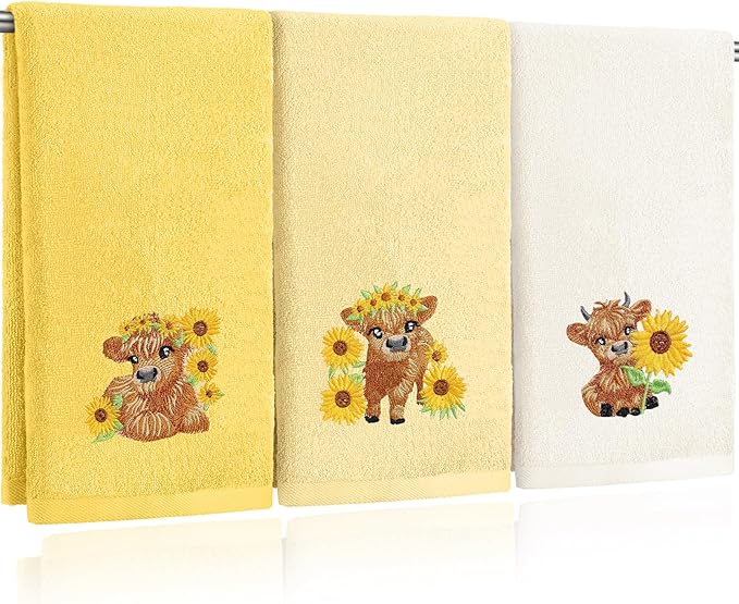 3 Pcs Sunflower Highland Cow Hand Towels Embroidered Highland Cow Farmhouse