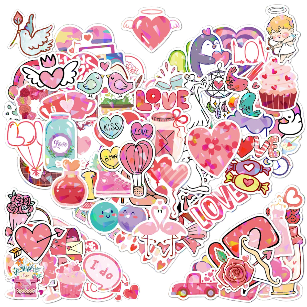 100pcs Pink I Love You Stickers, Waterproof Holographic Glitter Romantic Vinyl Decal,Valentine's Day,Birthday for Water Bottle, Laptop,Kindles, DIY,Book,Phone, Gifts for Girls,Kids, Teens,Adults