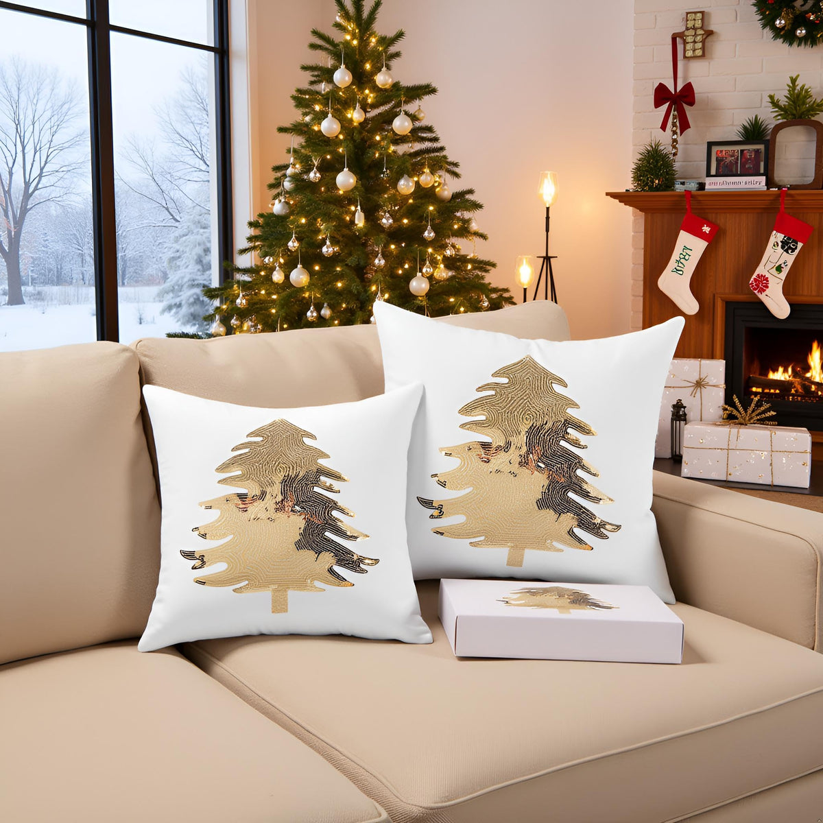 Tosleo Christmas Pillowcases 18 x 18 inch Set of 2 White Xmas Tree Sequins Throw Pillow Cover Christmas Pillow case Party Decorations Winter Holiday Cushion Cases