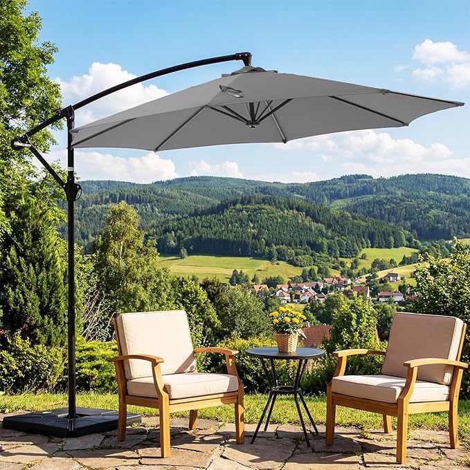 OLIXIS Offset Patio Umbrella, 9.7FT Cantilever Table Umbrellas for Outdoor Sun Shade UV Protection with Easy Tilt Adjustment, 8 Ribs for Backyard, Lawn, Garden, Pool - Grey