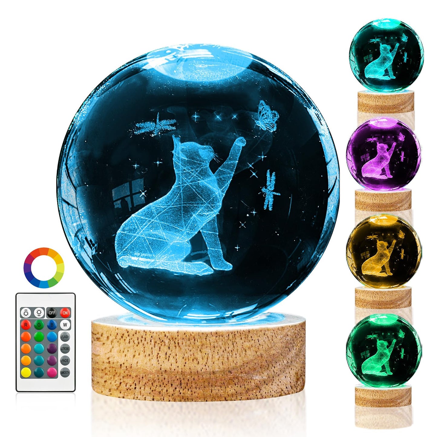 Crystal Ball Night Light Cat Lamp, 3.15 Inch Cat Figurines with 16 Color Wooden LED Base, Birthday &
