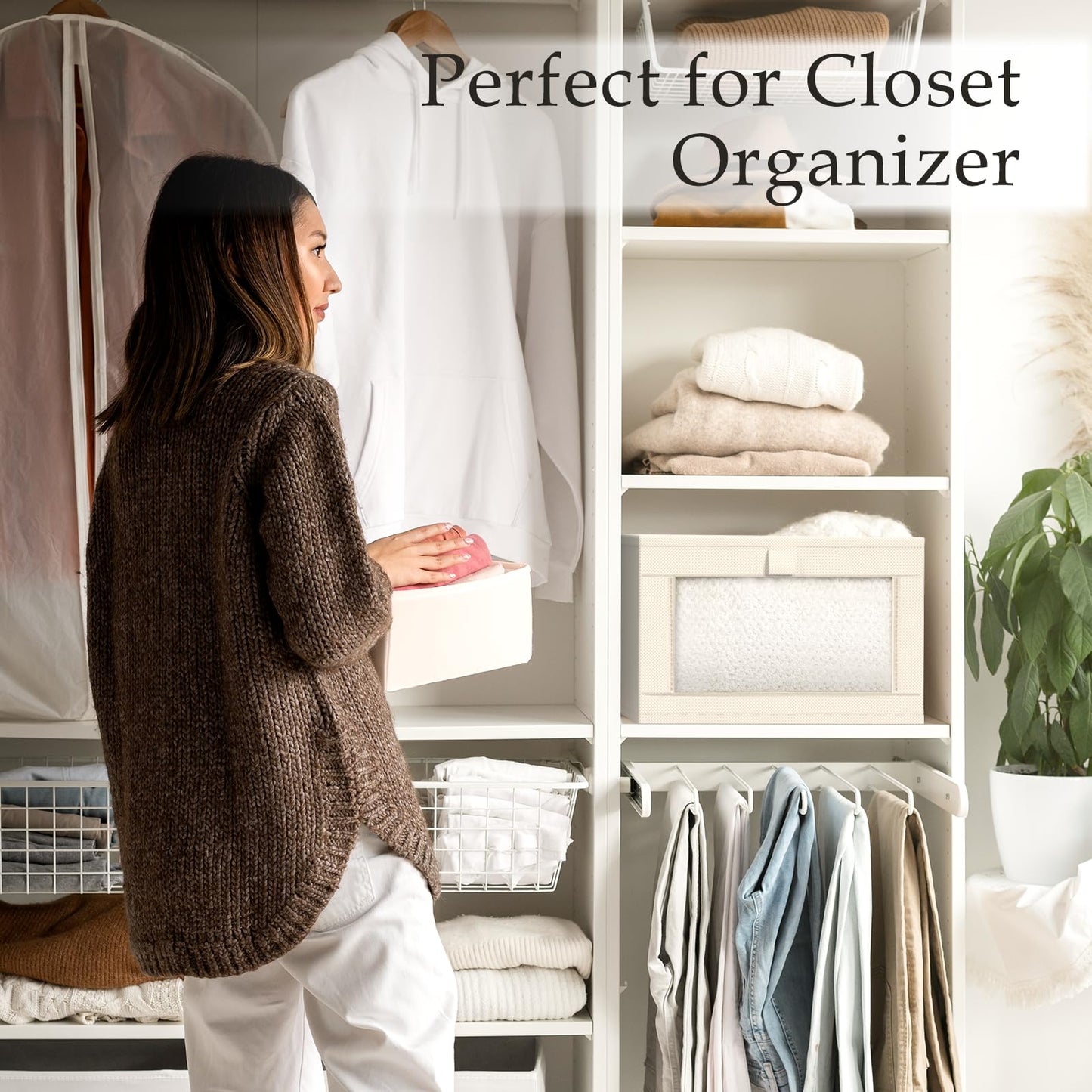Criusia 6 Pack Linen Closet Organizers and Storage, Large Linen Closet Baskets for Organization, Foldable Storage Containers for Clothing, Towels, Toys, Jeans, Books, Shelves, Beige