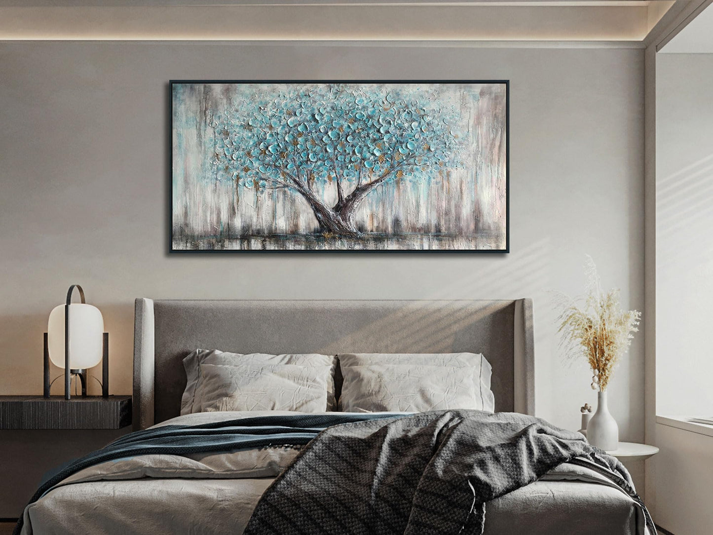 Arjun Tree Wall Art Canvas for Living Room Blue Tree of Life Nature Teal Abstract Textured Painting Picture Modern Panoramic Landscape Artwork Framed Bedroom Home Office Decor, Large Size 40"x20"